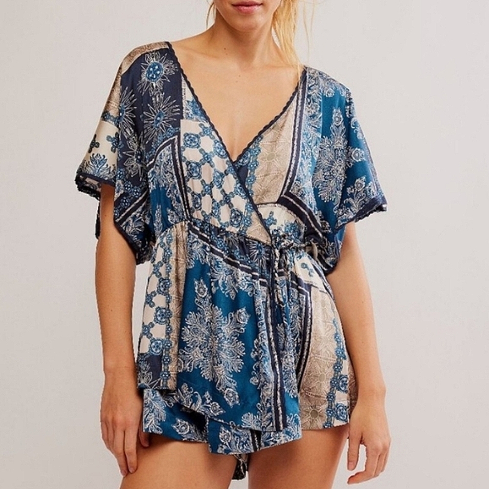 Free People Oasis Flowy Wrap Sliky Romper  Small & Medium Indigo Blue NWT$98